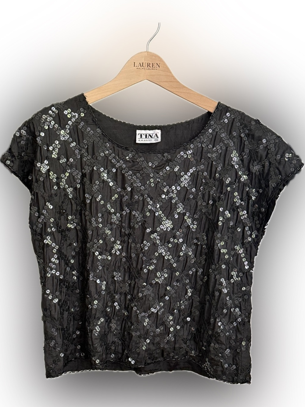 TINA Vintage Black Silk Sequin Blouse – Size M